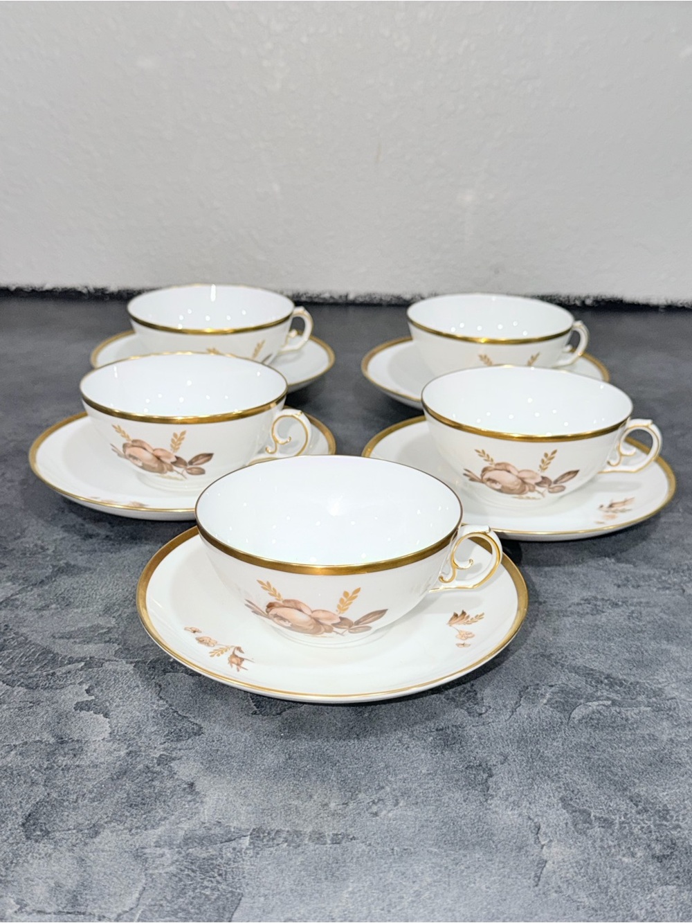 5 Royal Copenhagen Brown Rose Cup & Saucer Sets 688/9067 Gold Trim 10 pcs